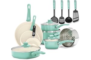 GreenLife Soft Grip Batterie de Cuisine avecRevêtement Antiadhésif Sain en Céramique Sans PFAS 16 pièces, Avec Poêles, Casseroles, Faits-touts, Marmites, Lave-vaisselle, Compatible au Four, Turquoise