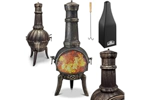 GARDEBRUK® Cast Iron Patio Heater with Fire Guard & Fire Poker | Compatible with Kindling Wood & Fire Lighters for Wood Burners | Premium Fire Pit Chiminea Camping Stove | 28kg, 112cm | Black
