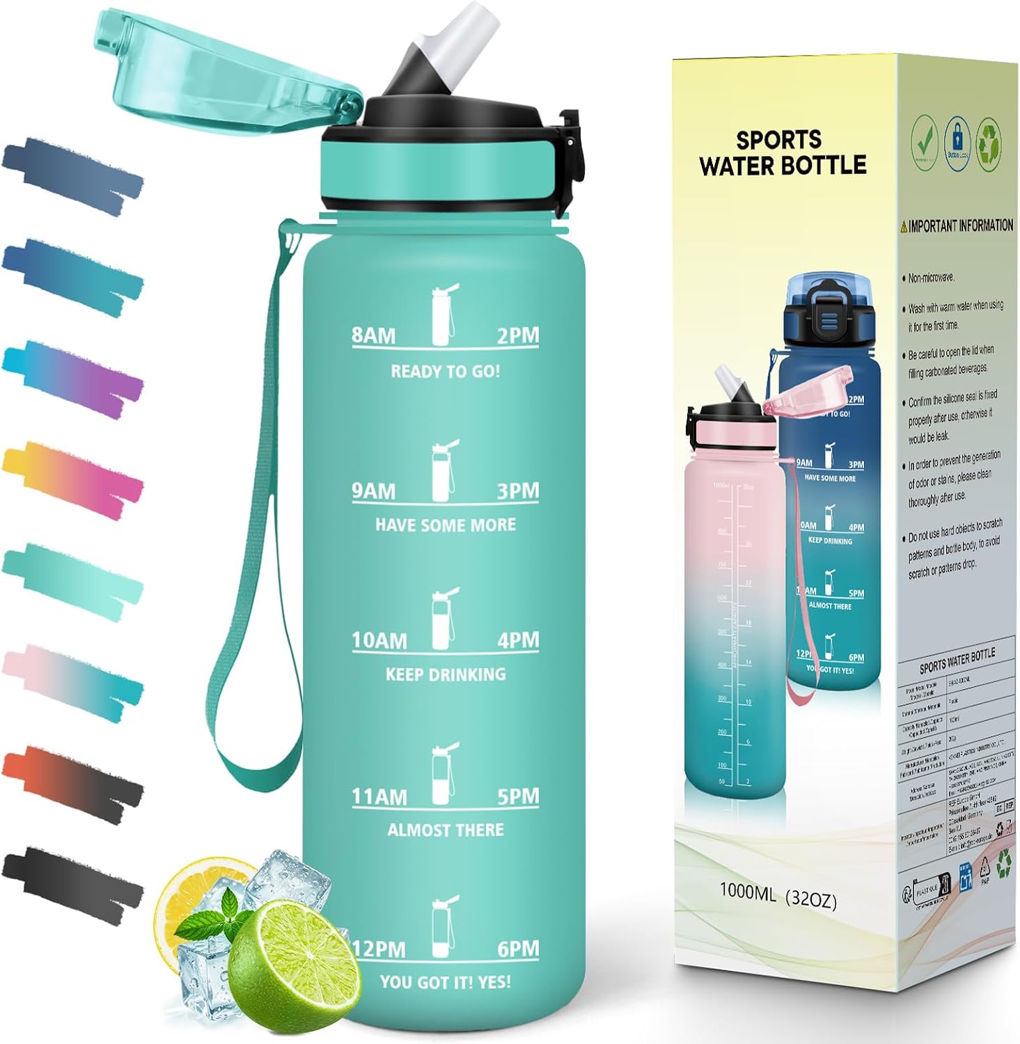 Mulbijeo Botellas de Agua, 1 Litro BPA Free, Botella Gimnasio, con Escala de Tiempo Motivacional, Cantimplora, Reutilizable, Garrafa de Agua, Ideal para Escuela, Oficina, Deporte, Botella con Pajita