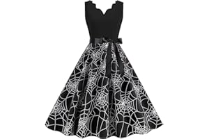 OVERDOSE MUJER Overdose Vestidos De Halloween De Manga Larga De Las Mujeres del OtoñO Invierno Falda De Cuello Redondo De ImpresióN De La Vendimia Calabazas Vestido Elegante Vestido De Fiesta