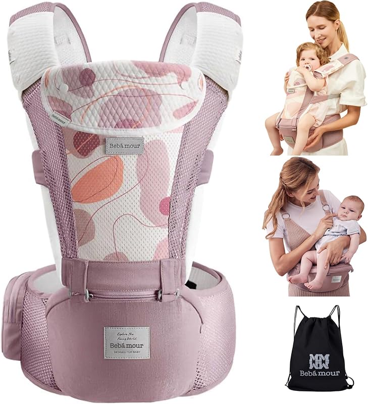 Bebamour - Portabebés para recién nacidos a niños pequeños, de 0 a 36 meses, con capucha para la cabeza, 3 almohadillas de dentición, extensor de cintura, color rosa