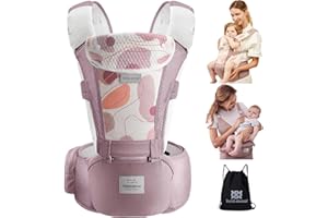 Bebear Porte bébé,Bebamour Porte bébé Ergonomique avec Siège à Hanche/Pur Coton Léger et Respirant/Multiposition, Baby Carrier for 0-36Months (3D Air Pink with Designed)