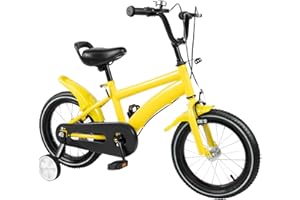 LKHDONG 14 Zoll Kinderfahrrad, für ab 3-6 Jahre Jungen & Mädchen, Höhenverstellbares Ausbildungsfahrzeuge, Fahrrad für Kinder mit Stützräder und Duales Bremssystem (Gelb)