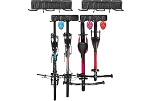 HomdMarket Soporte de pared para bicicleta, 4 Bicicletas 3 Cascos, Soporte de Pared para Almacenaje de Bicicletas, Almacenaje Ajustable de Bicicletas para Garaje o Casa Ahorra Espacio