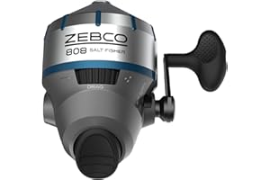 Zebco 808 Moulinet de pêche spincast en Eau salée, Couvercle de Moulinet en Acier Inoxydable avec Insert ABS, Quickset Anti-Retour et Alerte de Morsure, pré-bobiné avec Ligne de pêche de 9 kg, Taille
