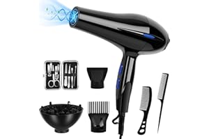 KIEYEENO Asciugacapelli Professionali Ionico, 1200W Asciugatura Rapida Salon Asciugacapelli Ionico con 2 Velocità, 3 Impostazioni di Calore Pulsante Freddo con Diffusore, Ugello, Pettine Concentratore, ABS