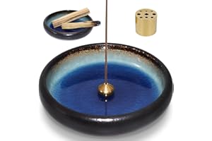 ‎BEYLAB BEYLAB 3 in 1 Räucherstäbchenhalter Keramik Räucherschale für jedes Räucherwerk, Räucherstäbchen, Palo Santo Halter, Weißer Salbei, Salbei räuchern, Abnehmbares Messingset - Blau