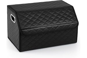 COSTWAY Boot Organiser Storage, Leather Foldable Car Trunk Organizer with Lid, Removable Divider, Collapsible Boot Storage Box for SUV, Sedan, Jeep, Camping and Home (35L, Diamond Shaped Surface)
