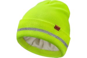 Wmcaps Mens Beanie with Thick Warm Fleece Lining, Reflective-Stripe Winter Hat Safety High Visibility, Stretchy Soft Cuffed Wooly Hat Women, Outdoor Work Gifts for Dad