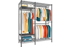 Solerconm Portant à Vêtements, Porte-manteau pour Vêtement Penderie Métallique avec 4 Étagères 3 Barres, Hauteur et Largeur Réglables, Charge Max 290kg，114 * 42 * 194cm，Noir