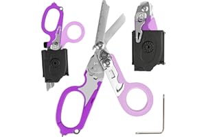 MAHIOT 6 in 1 Emergency Response Shears Emergency Scissors Tool Stainless Steel Foldable Scissors Pliers with Strap Cutter and Glass Default (Purple with Holster)