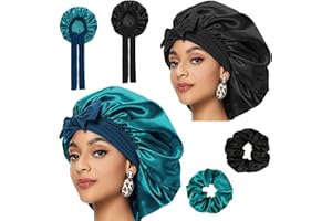 ‎RVLZKCPG RVLZKCPG 2 Stück Satin Bonnet, Lockenhaube Seidenhaube zum Schlafen, Schlafhaube Seide, Haarschutz für Die Nacht, Silk Bonnet Sleep Cap mit Elastischem Band für Damen(Schwarz, Peacock Blue)
