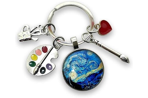 Porte-clés Van Gogh « Nuit Étoilée » – Cadeau Artiste Peintre – Cabochon Verre, Palette, Pinceau, Idée Cadeau Femme, Original, Fait Main, Création Artisanale.