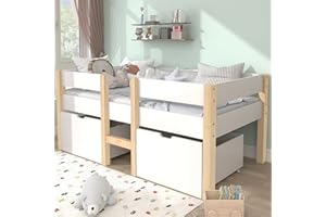 ‎MERAX Merax Kinderbett mit Schublade und Rausfallschutz, Babybett für Jungen & Mädchen, Stabil Massivholz & Holz-Platte Beistellbett mit Lattenrost, 90x190 cm, Weiß