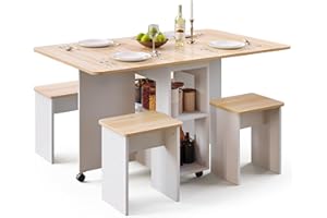 Mondeer Folding Dining Table and Chairs Set 4, Drop Leaf Table for Small Spaces with 4 Chairs, Foldable Table with Storage Shelf, for Kitchen Dining Room (Red Oak and White)