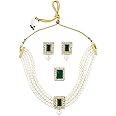 Zaveri Pearls Green Stones Multistrand Pearls Choker Necklace Earring & Ring Set For Women-ZPFK10845