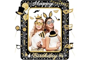 KKSJK Geburtstag Aufblasbarer Bilderrahmen mit 16 PCS Foto Requisiten, Happy Birthday Photo Booth, Schwarz Gold Fotobox Accessoires, Party Selfie Rahmen für Geburtstagsdeko