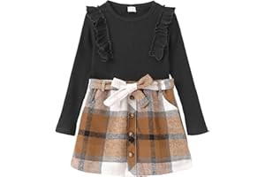 PATPAT Clothing Sets for Girls A-Line Plaid Skirt Set, Comfortable Fabrics Toddler Girls Fashion Clothing 2-Piece Outfits Set - Ideal for School, Leisure and Outdoor, 5-14 Years, Size 110-164