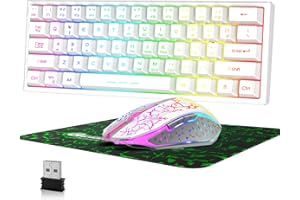 HOOPOND 60% Kabellos Gaming Tastatur und Maus Combo Set 2,4 GHz Wiederaufladbare 3800 mAh 61 Tasten Kompakttastatur mit Rainbow LED Hintergrundbeleuchtung + 2400 DPI 6 Tasten Rainbow LED Silent Mouse (Weiß)