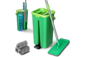 Masthome Mop and Bucket Set,Wet & Dry Flat Mop Cleaning System with 360° Rotating Head,Stainless Steel Handle Squeeze Mop Bucket with 3 Reusable Mop Pads,Floor Mop for Hardwood Laminate Tile Marble