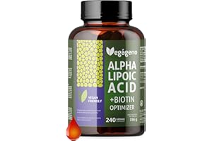 VEGÁGENO Acide Alpha Lipoïque (ALA) + BIOTIN Optimizer 600 mg. 240 gélules végétales. Approvisionnement de 4 mois. Absorption maximale. Antioxydant naturel. Sans gluten. Non OGM. Vegan