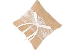 Jubaopen 1 Stück Ringkissen Jute Hochzeit Ringkissen Spitze Blumen Vintage Kissen Sackleinen Ehering Kissen Eheringe Brautkissen (15 * 15 * 6cm)
