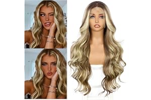 Sapphirewigs Highlight Blonde Lace Front Wig Synthetic 13x4 Body Wave Ombre Blonde Balayage Synthetic Lace Front Wigs Party Date Daily Wear Christmas Natural Looking 26 inch
