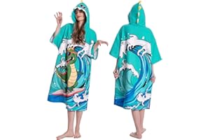 OLAOLA Poncho de Surf para Adultos, Toalla de Microfibra con Capucha y Bolsillo, Suave Albornoz Playa Natacion, Secado Rápido Toallas Poncho para Mujeres y Hombres (Dinosaurio Surfista)