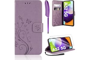 AROYI Lederhülle Kompatibel mit Samsung Galaxy A52 5G/4G/A52S 5G Hülle und Schutzfolie, Flip Wallet Handyhülle PU Leder Tasche Case Schutzhülle Kompatibel mit Samsung Galaxy A52 5G Lila