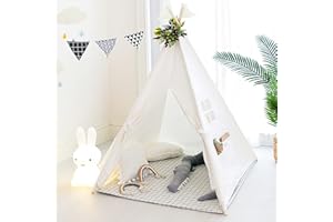 Treebud Tipi Enfant Tente pour Enfant - Tente de Jeu Indienne Classique pour Enfant, Maisonnette Pliable pour Jouer Intérieur et Extérieur, Blanc Toile Enfants Jouent Tente avec Sac de Transport