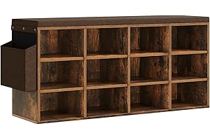 WOLTU Panca Scarpiera da Ingresso, Scaffale Porta Scarpe a 12 Scomparti con Seduta Imbottita, Mobile da Ingresso Salvaspazio in Legno, Marrone Rustico+Marrone, 102x30x48,5 cm