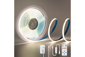 ‎PAUTIX PAUTIX COB LED Strip White 4000 K, 3 m 480 LEDs/M Dimmable 24 V Flexible LED Strip Lights Set with RF Remote Control and Power Supply, CRI 85+ Bright Under-Unit Light for Home DIY Decoration, Timer