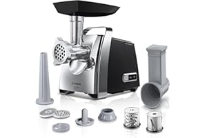 ‎BOSCH Bosch Fleischwolf ProPower MFW67440, elektrisch, Wurstaufsatz, 3 Edelstahl Loch-Scheiben (3, 4,8 +8mm), Stopfer, Kebbe-Aufsatz, Durchlaufschnitzler, 2000 W Blockierleistung, 700 W, schwarz / silber