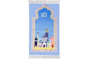 Windplusya Gebetsteppich für Kinder, 19.7x35.4 in Muslimischer Cartoon-Quasten-Gebetsteppich, Weicher Dicker Muslimischer Gebetsteppich Eid-Geschenk für Jungen/Mädchen. (Blue Prayer)