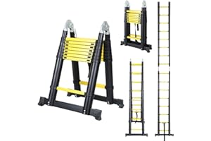 Gimisgu 5M (2.5+2.5) Teleskopleiter Klappleiter, Multifunktionsleiter Ausziehbare Teleskopleiter, Rutschfester Mehrzweckleiter Tragbar Alu Teleskopleitern Max Belastung 150 kg (Schwarz)