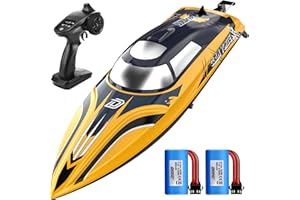 DEERC Barca RC veloce da 14" con LED, 30+ minuti di guida, 20+ MPH, barca a velocità telecomandata autoallineante per piscina e mare, vernice a strisce, regalo estivo per bambini e adulti.