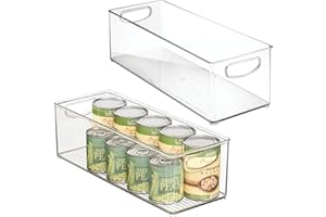 mDesign Plastikowe pudełko do przechowywania – długa taca do przechowywania w spiżarni z uchwytem – do użytku jako taca na lodówkę, półka lub do przechowywania w szafce, 2 sztuki, przezroczysta
