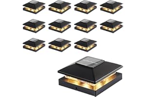 HoldOneLight Solar Post Cap Lights Outdoor, Waterproof Deck Fence Post Light for 4x4 Wood/Vinyl Posts Wooden Posts, Cool/Warm Lighting, Black (12Packs)