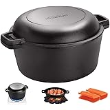 Overmont Dutch Oven Gusseisen Topf einsatzfertig eingebrannt Doppelfunktion Deckel/Bratpfanne für Küche Camping Garten BBQ Ba