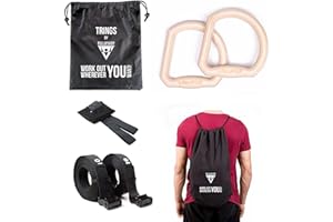 PULLUP & DIP Anillos de Gimnasia de Madera, Anillos Olímpico para Calistenia - Correas Anchas de Sujeción con Marcas + Anclajes de Puerta + Bolsa de Transporte + Guía de Entrenamiento