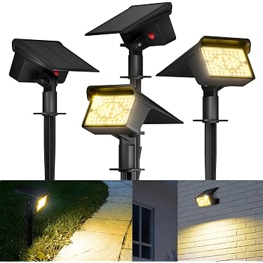 FLOWood Solarstrahler 4er Set – Warmweiß 3000K, 1500mAh, IP68 Wasserdicht – 3 Helligkeitsstufen Für Garten, Wege & Terrasse