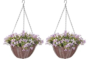HOMCOM Artificial Flowers in Basket Set of 2, Artificial Hanging Baskets with 75 Leaves and 15 Flowers in Pot, Decorative Plant for Home Office Decor, Purple