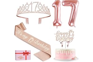 AMOSKING 17. Geburtstag Mädchen Deko, 17. Geburtstag Krone und Schärpe, Happy Birthday Tortendeko Kerzen, Luftballons Rosegold, Geschenke für Mädchen 17 Jahre