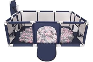 Selonis Baby Playpen Big Size Playground with 100 Balls for Kids, Dark Blue:Pearl/Grey/Transparent/Powder Pink
