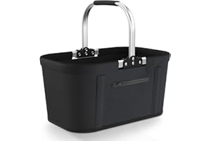 Yeabett 30L Faltbarer Einkaufskorb mit 4 Stützstangen | Stabiler Tragekorb & Picknickkorb | Großer Faltkorb für Familie (46x27x25cm) | Mit gepolsterten Griffen | Für Einkauf, Reise, Camping (Schwarz)