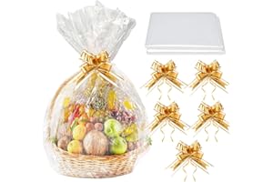 QEDBOJE Lot de 5 sachets en cellophane transparent avec nœud pour paniers, fleurs, travaux manuels, cellophane emballage, panier cadeau et emballages cadeaux (60 x 90 cm)