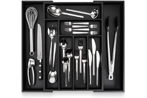 budu Organizador de Cubiertos #50 (profundidad 50 cm) de Bambú, Negro, Bandeja para Cubiertos Extensible, Cubertero Ajustable para Cajón
