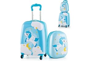 SOARS Juego de Maletas de Viaje Cabina para Niños, Juego Maletas de Viaje, 16" Maleta con Ruedas + 12" Mochila Infantil con Asa y Correas Ajustables, Maleta Pequeña para Niños (Unicornio Azul)