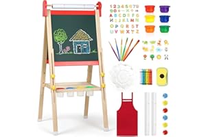 KIDINIX 3 in 1 Kids Easel Stand for Painting with Magnetic Board Drawing Paper Chalkboard & White Board for Kids, Adjustable Kids Easel with Kids Art Supplies, Painting Set, Gift for Kids Red