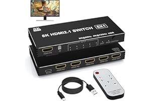 YEEMIE 8K HDMI 2.1 Switch 4K 144Hz, HDMI Umschalter 5 In 1 Out mit IR Fernbedienung, 5 Port HDMI Switcher Schalter Auto HDMI Selector 8K 60Hz